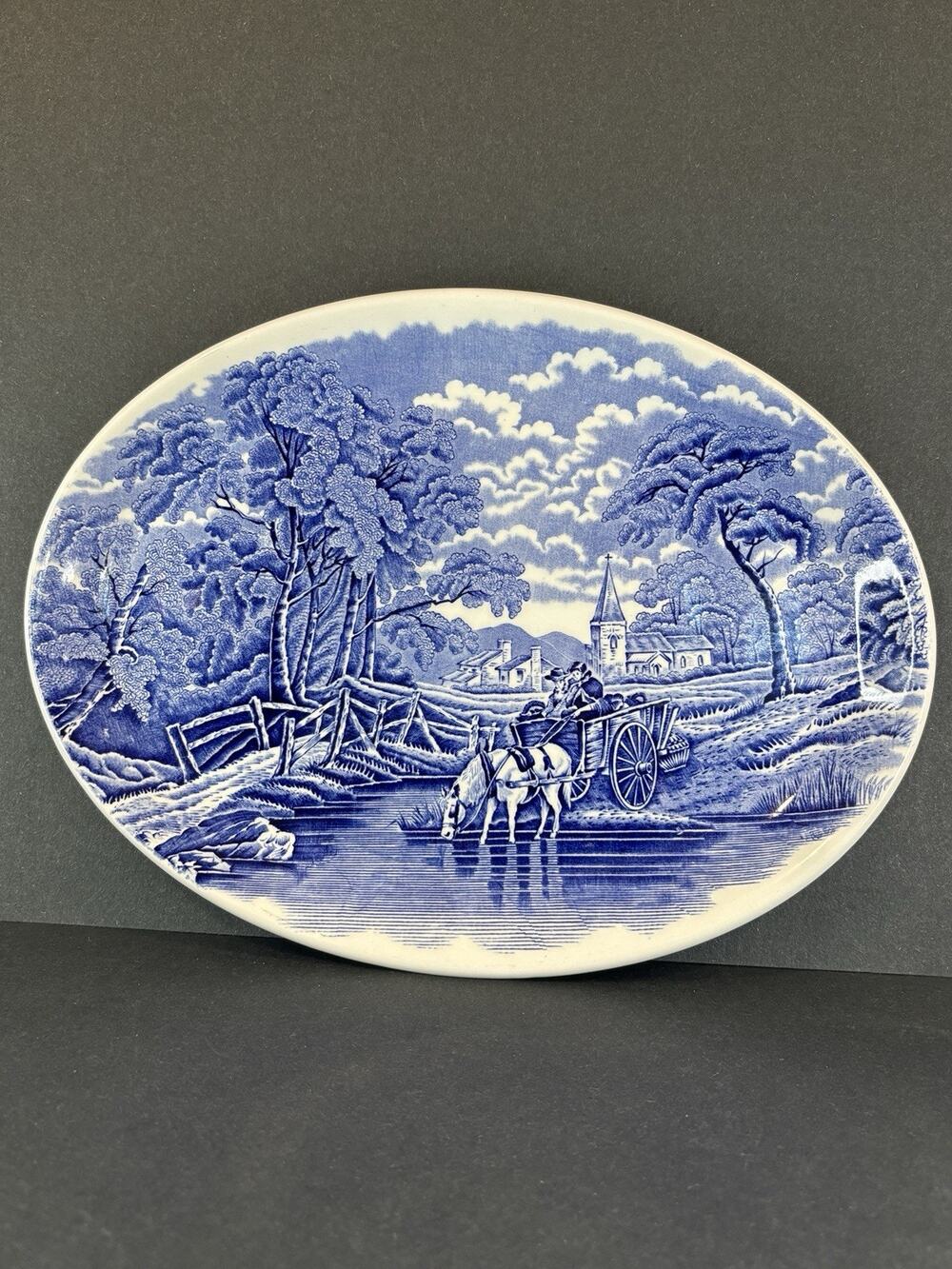 Wood Sons English Scenery Blue Transferware Oval Serving Platter 12" Vintage